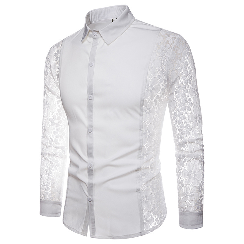 2021 High quality Mens Flower Patchwork Embroidery Lace Shirt Fashion Transparent Sexy Dress Shirts Mens Club Chemise