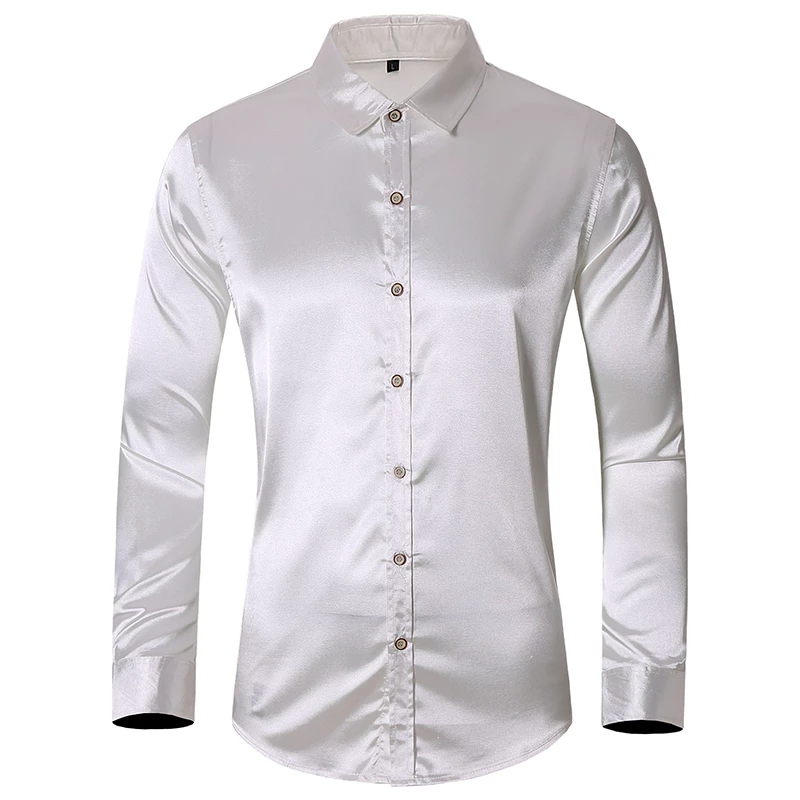 2021 High quality Men Imitation Silk Long Sleeve Shirts Autumn Fashion Casual Solid Color Brand Shirt Male Plus Size
