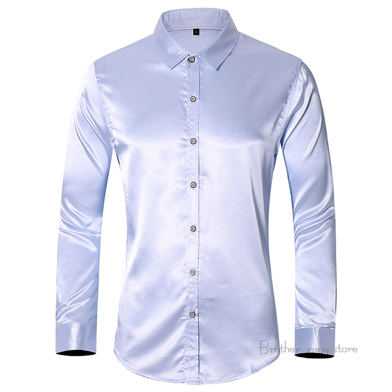 2021 High quality Men Imitation Silk Long Sleeve Shirts Autumn Fashion Casual Solid Color Brand Shirt Male Plus Size