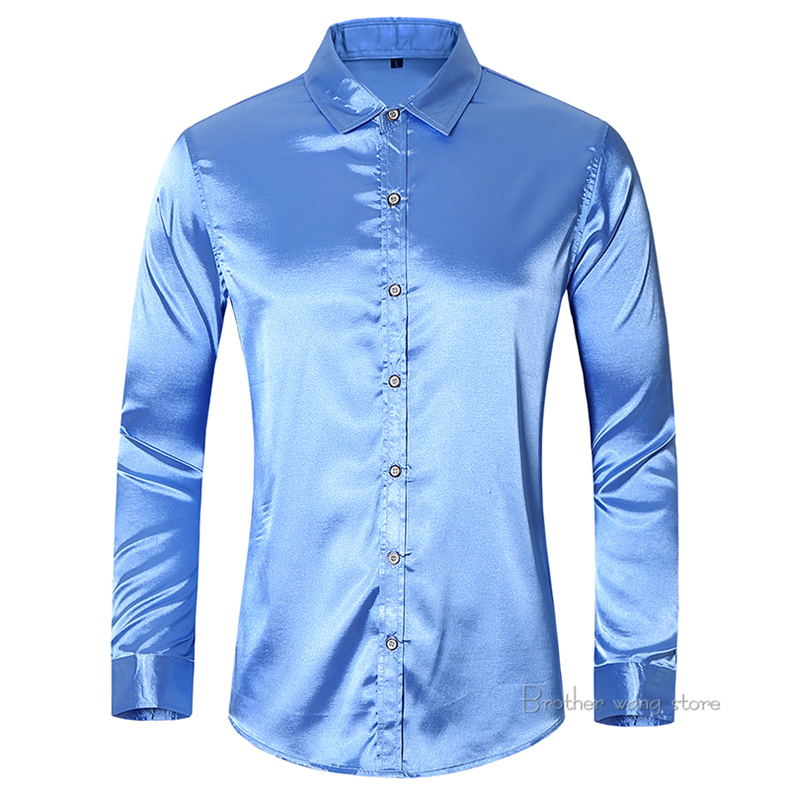 2021 High quality Men Imitation Silk Long Sleeve Shirts Autumn Fashion Casual Solid Color Brand Shirt Male Plus Size