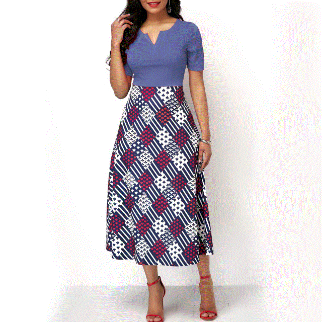 2021 High quality Elegant Dresses Women Short Sleeve Geometric Print High Waist Fashion  Summer Work Dresses Plus Size