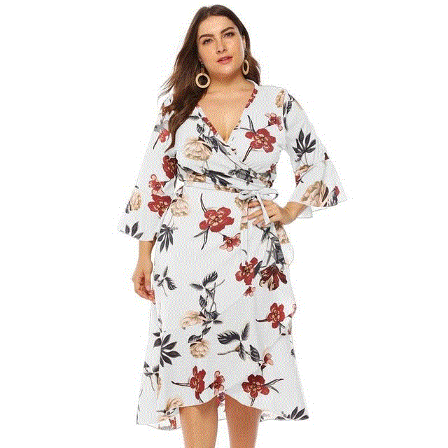 2021 High quality Fashion Party Dress Female  Summer Flower Dress Women V-neck Plus Size Midi Dress Dresses For Women