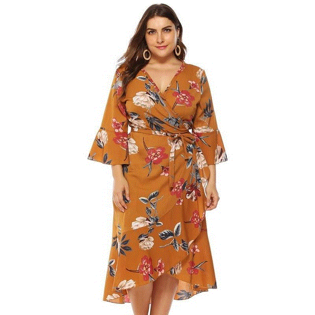 2021 High quality Fashion Party Dress Female  Summer Flower Dress Women V-neck Plus Size Midi Dress Dresses For Women