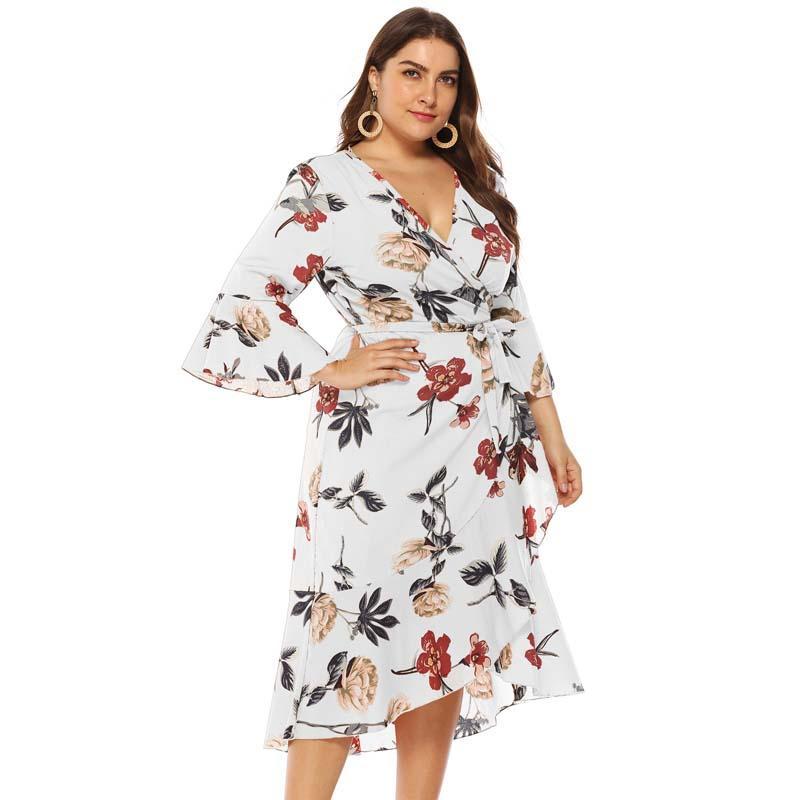 2021 High quality Fashion Party Dress Female  Summer Flower Dress Women V-neck Plus Size Midi Dress Dresses For Women