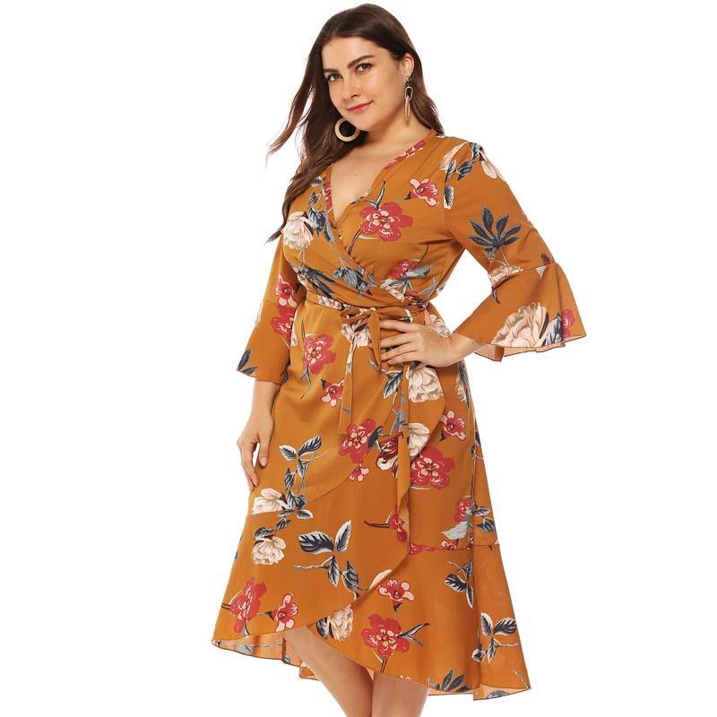 2021 High quality Fashion Party Dress Female  Summer Flower Dress Women V-neck Plus Size Midi Dress Dresses For Women