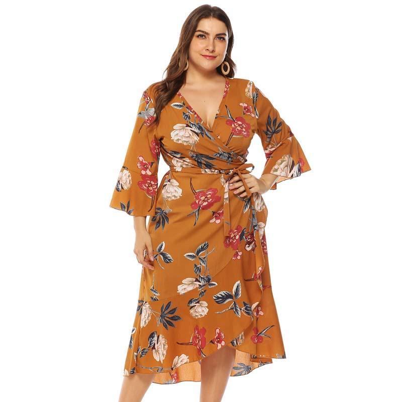 2021 High quality Fashion Party Dress Female  Summer Flower Dress Women V-neck Plus Size Midi Dress Dresses For Women