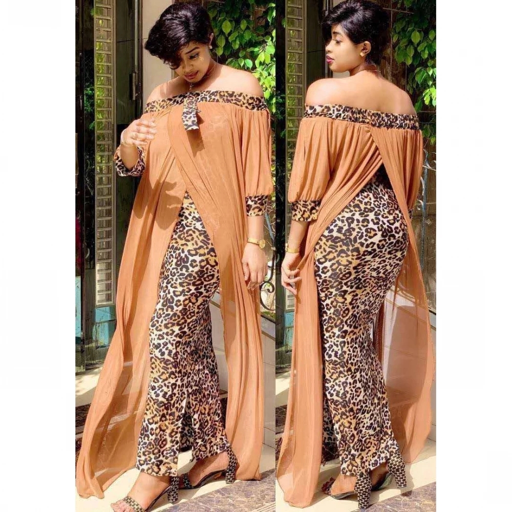 2021 High quality African Long Maxi Dress Women's Leopard Slash Neck Off Shoulder Backless Evening Women Party Dress