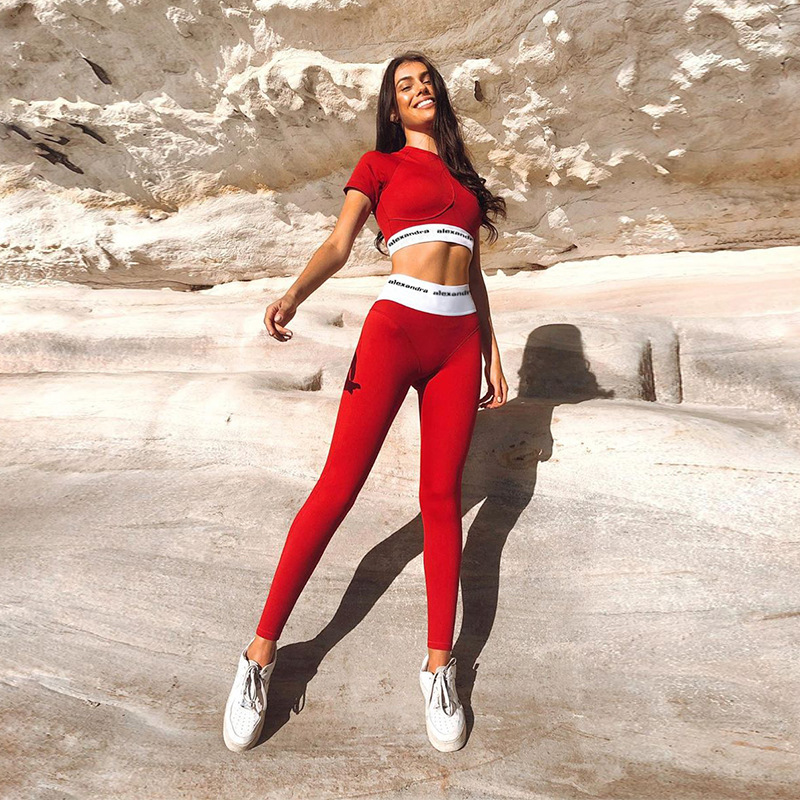 2021 High quality Two piece set women stretchy sportswear o-neck crop tops slim leggings matching sets femal gymwear