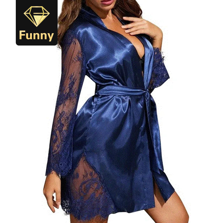 2021 High quality Women Silk Satin Lace Lingerie Bathrobe Sleepwear Sexy Female Summer Lingerie Robes Underwear