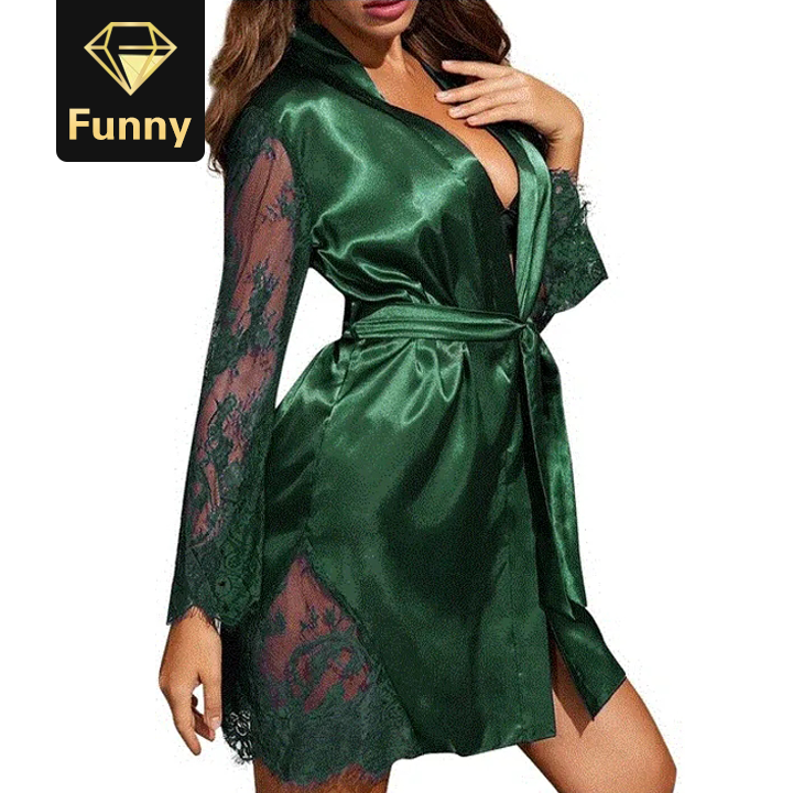 2021 High quality Women Silk Satin Lace Lingerie Bathrobe Sleepwear Sexy Female Summer Lingerie Robes Underwear