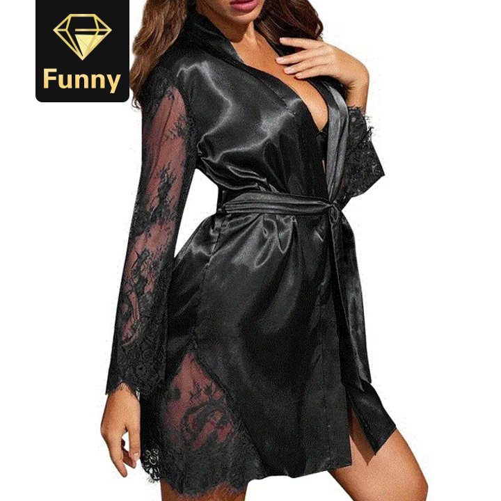 2021 High quality Women Silk Satin Lace Lingerie Bathrobe Sleepwear Sexy Female Summer Lingerie Robes Underwear