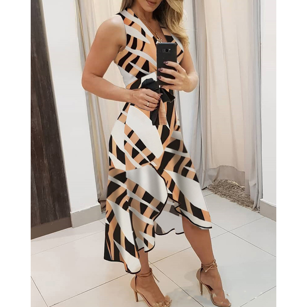 2021 High quality Fashion European and American popular summer V-neck sleeveless contrast printing ladies dresses