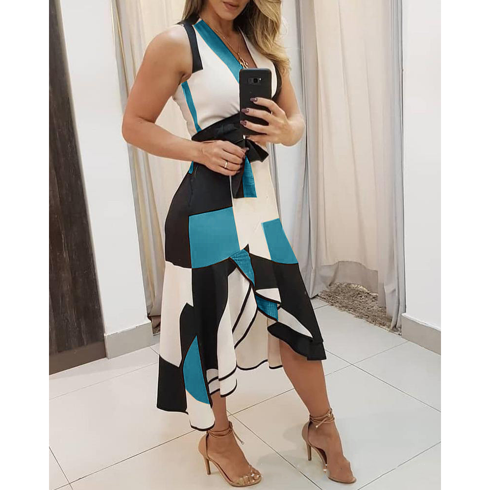 2021 High quality Fashion European and American popular summer V-neck sleeveless contrast printing ladies dresses