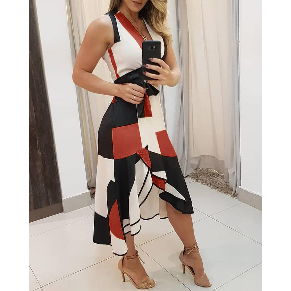 2021 High quality Fashion European and American popular summer V-neck sleeveless contrast printing ladies dresses