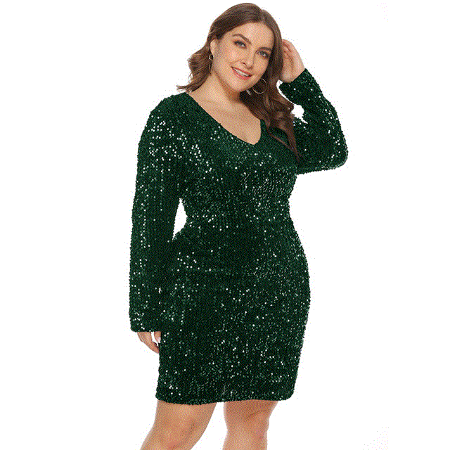 2021 High quality Sexy Sequin Plus Size Bodycon Dress Women Autumn V Neck Long Sleeve Large Size Bodycon Party Dress