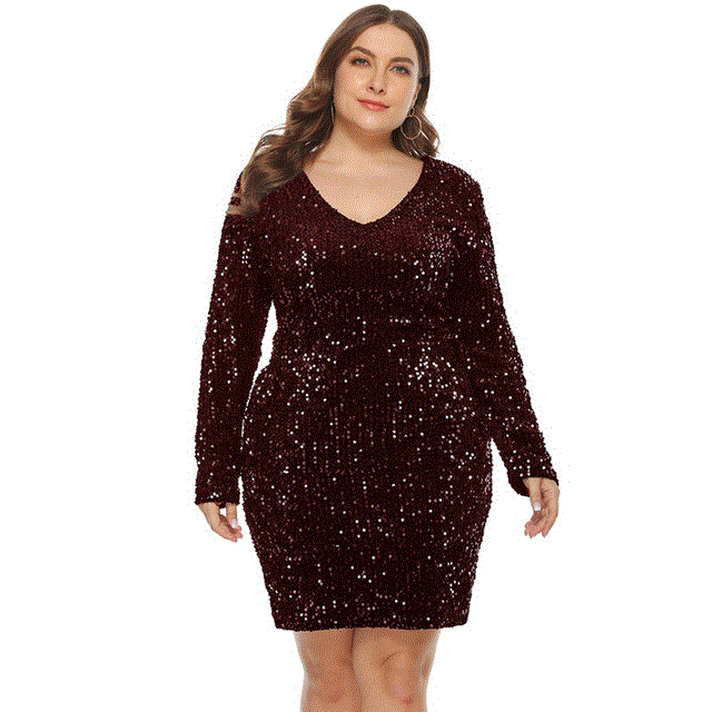 2021 High quality Sexy Sequin Plus Size Bodycon Dress Women Autumn V Neck Long Sleeve Large Size Bodycon Party Dress
