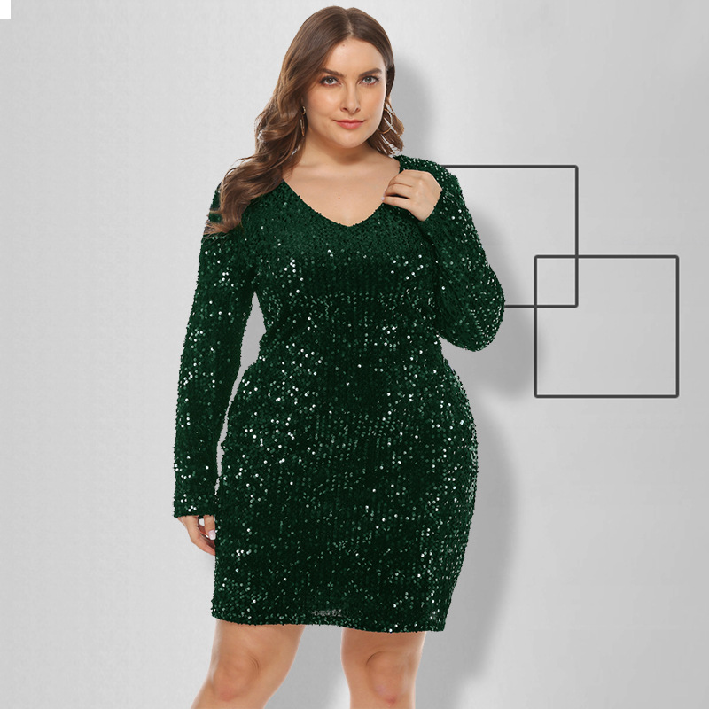 2021 High quality Sexy Sequin Plus Size Bodycon Dress Women Autumn V Neck Long Sleeve Large Size Bodycon Party Dress