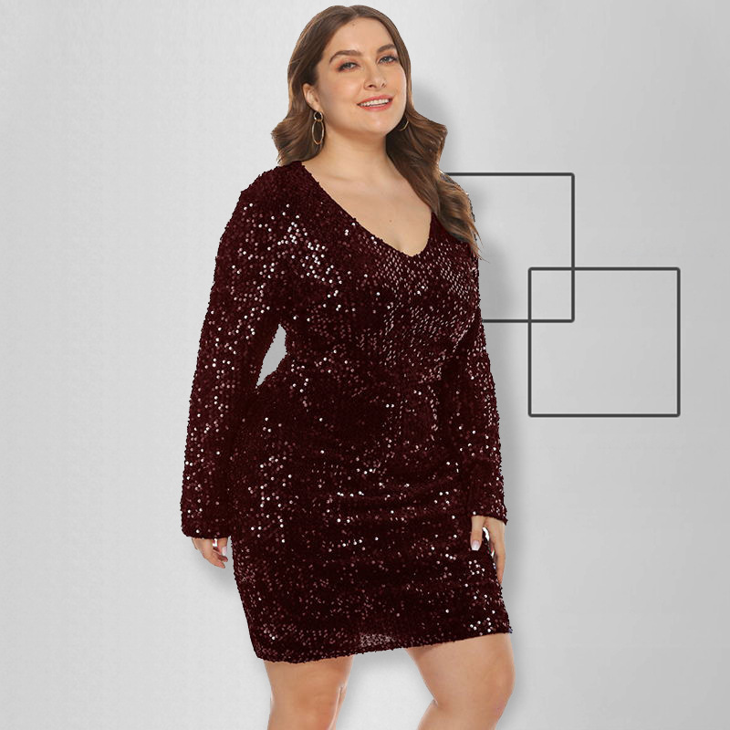 2021 High quality Sexy Sequin Plus Size Bodycon Dress Women Autumn V Neck Long Sleeve Large Size Bodycon Party Dress