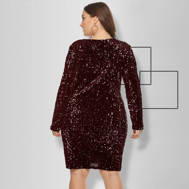 2021 High quality Sexy Sequin Plus Size Bodycon Dress Women Autumn V Neck Long Sleeve Large Size Bodycon Party Dress