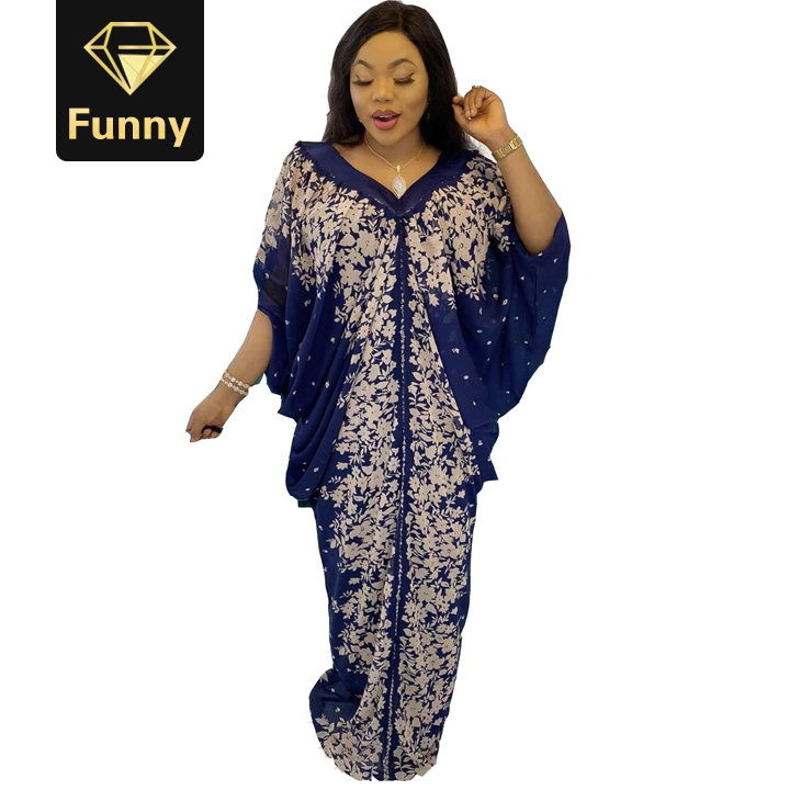 2021 High quality Muslim African mother loose robe V-neck printed bat sleeve dress new women's dress