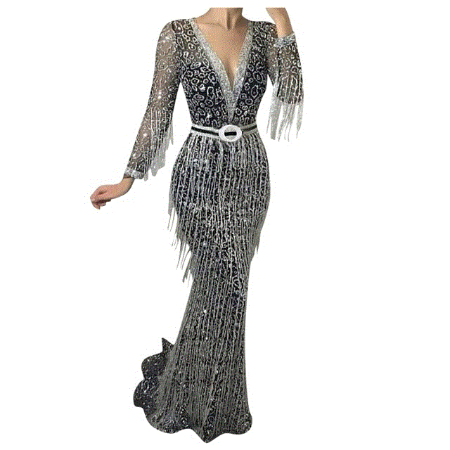 2021 High quality Women Solid Sequined Evening Party Dress Sexyt V Neck Sheath Dress Long Sleeved Bodycon Dresses