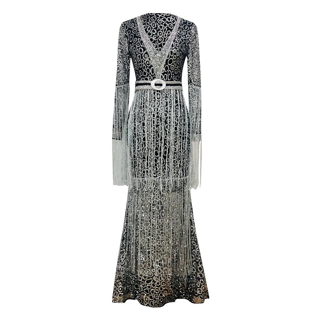 2021 High quality Women Solid Sequined Evening Party Dress Sexyt V Neck Sheath Dress Long Sleeved Bodycon Dresses