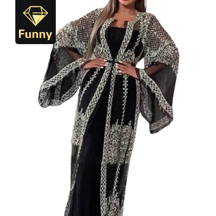 2021 High quality Muslim Dress Luxury High Class Sequins Embroidery long skirt Women's clothing L Pink 2 piece set