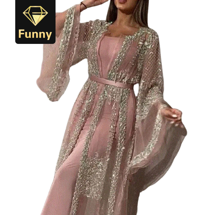 2021 High quality Muslim Dress Luxury High Class Sequins Embroidery long skirt Women's clothing L Pink 2 piece set