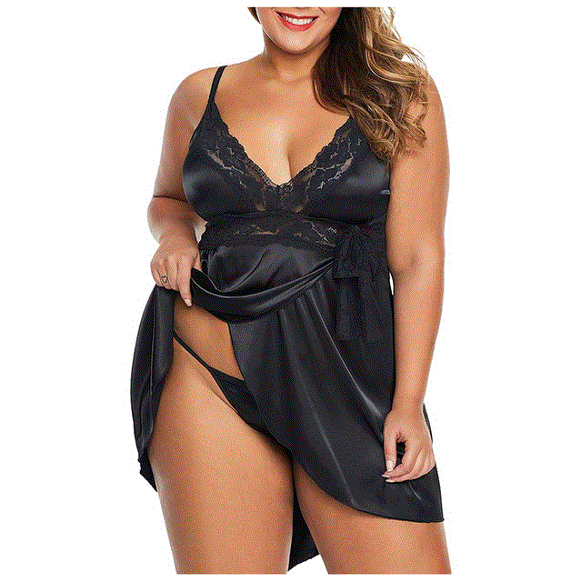 2021 High quality Women Silk Satin Night Dress Lace Splice Deep V Neck Nightgown Sleepwear Nightie Home Wear Plus Size