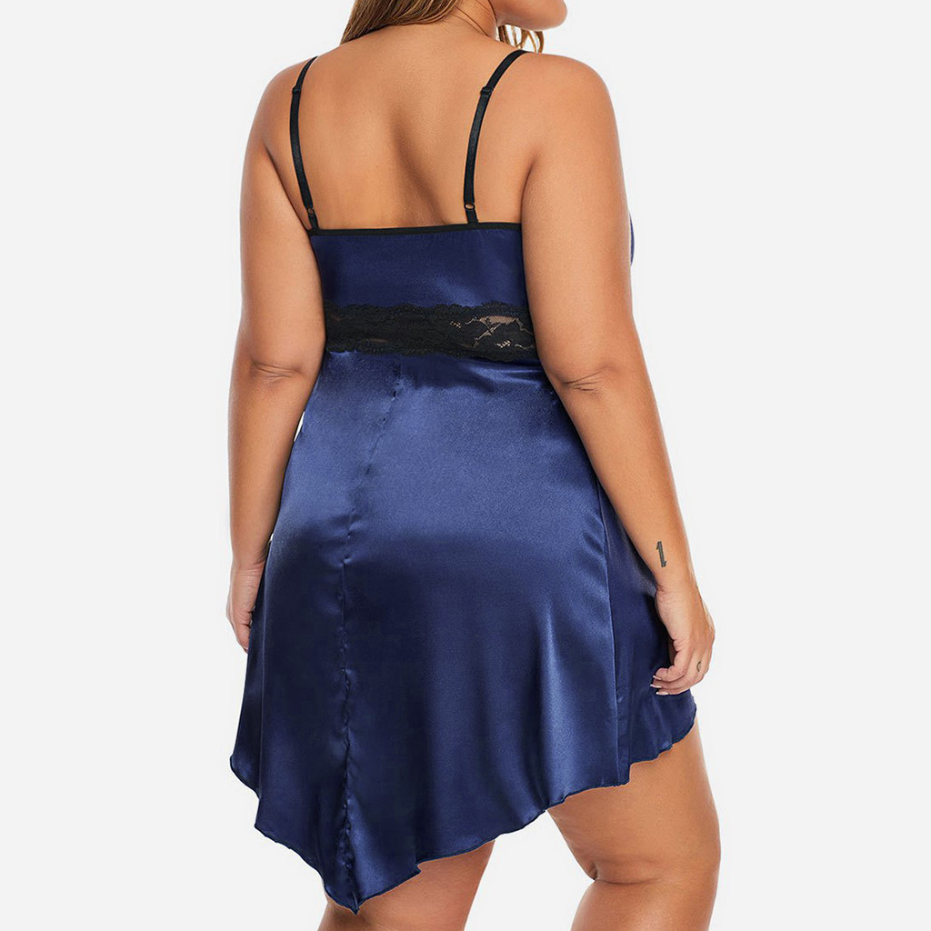 2021 High quality Women Silk Satin Night Dress Lace Splice Deep V Neck Nightgown Sleepwear Nightie Home Wear Plus Size