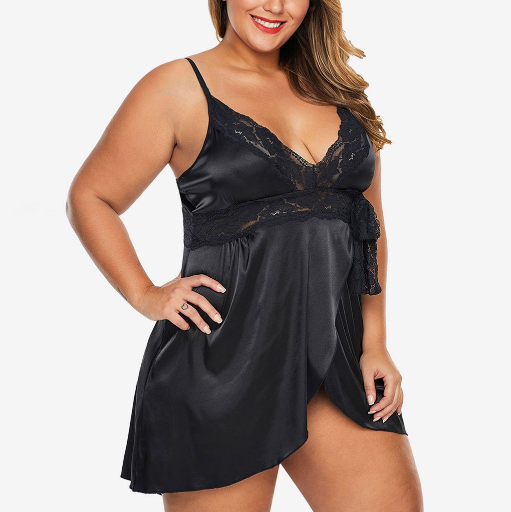 2021 High quality Women Silk Satin Night Dress Lace Splice Deep V Neck Nightgown Sleepwear Nightie Home Wear Plus Size