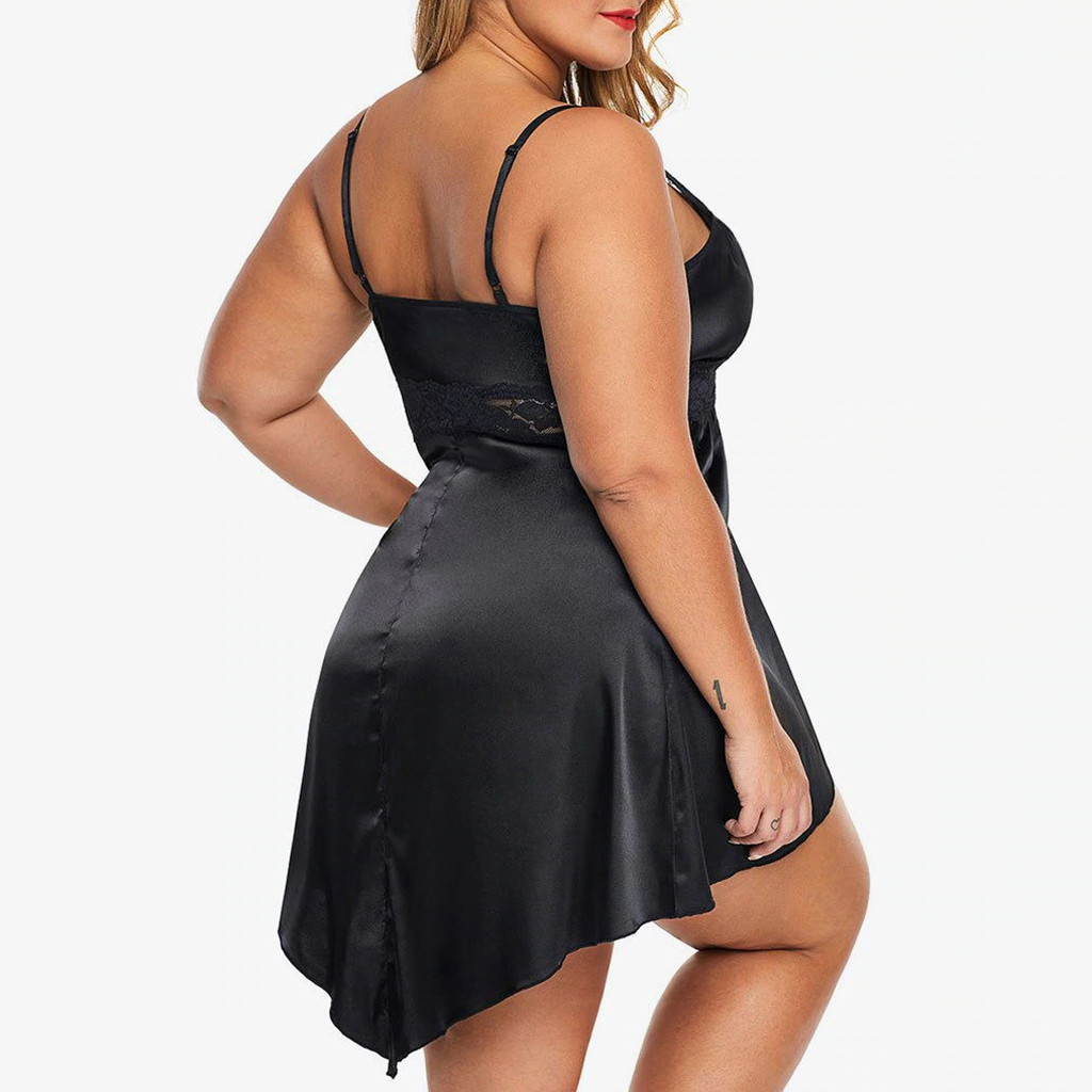 2021 High quality Women Silk Satin Night Dress Lace Splice Deep V Neck Nightgown Sleepwear Nightie Home Wear Plus Size