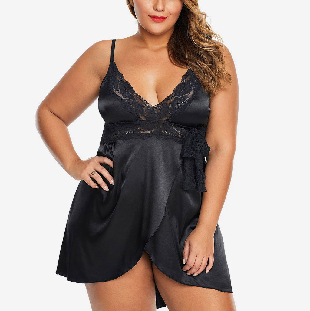 2021 High quality Women Silk Satin Night Dress Lace Splice Deep V Neck Nightgown Sleepwear Nightie Home Wear Plus Size