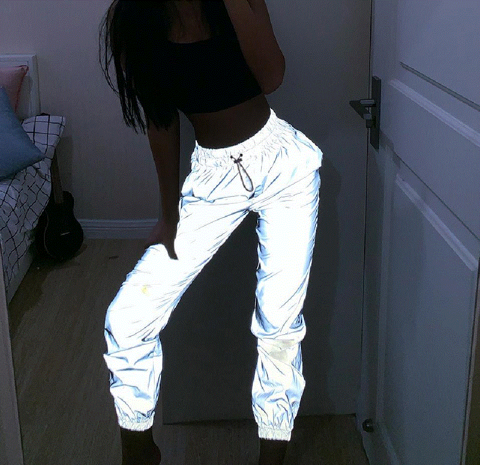 2021 High quality Women Sweatpant Flash Reflective Hip Hop Pants Fashion casual Streetwear Lacing pants Plus Size