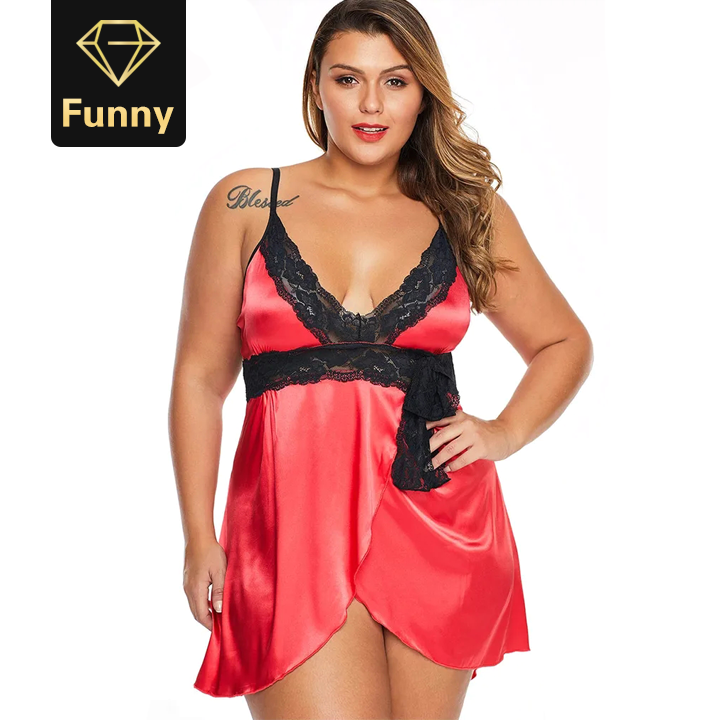 2021 High quality Women Silk Satin Night Dress Lace Splice Deep V Neck Nightgown Sleepwear Nightie Home Wear Plus Size