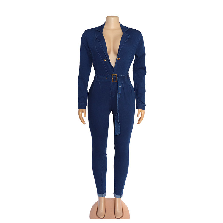 2021 High quality African Women Long Sleeve Denim Overalls Sexy Deep V Neck Slim Fashion Jeans Jumpsuits Casual Romper