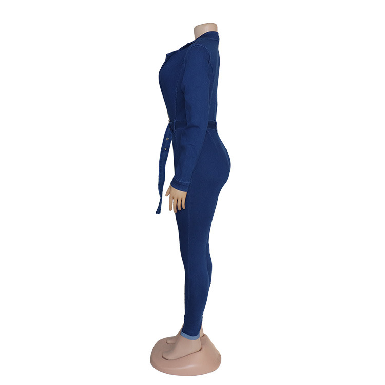 2021 High quality African Women Long Sleeve Denim Overalls Sexy Deep V Neck Slim Fashion Jeans Jumpsuits Casual Romper