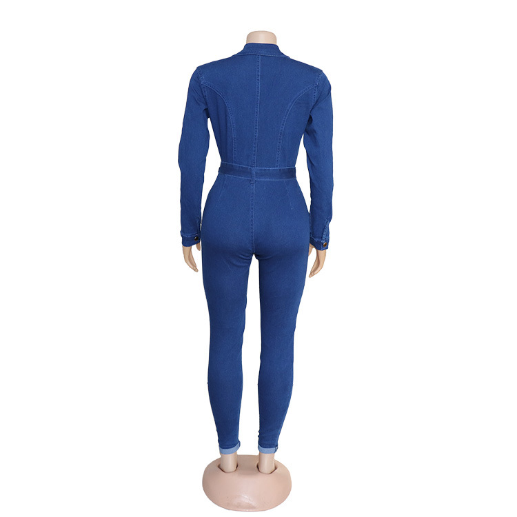 2021 High quality African Women Long Sleeve Denim Overalls Sexy Deep V Neck Slim Fashion Jeans Jumpsuits Casual Romper