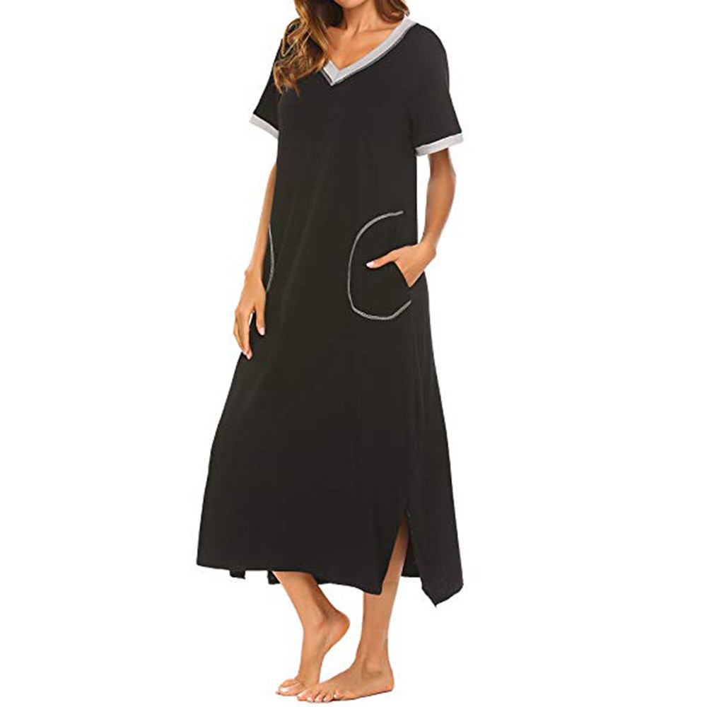 2021 High quality Women Summer Dress Nightshirt Short Sleeve Soft Nightgown with Pocket Casual Sleepwear Female Dress