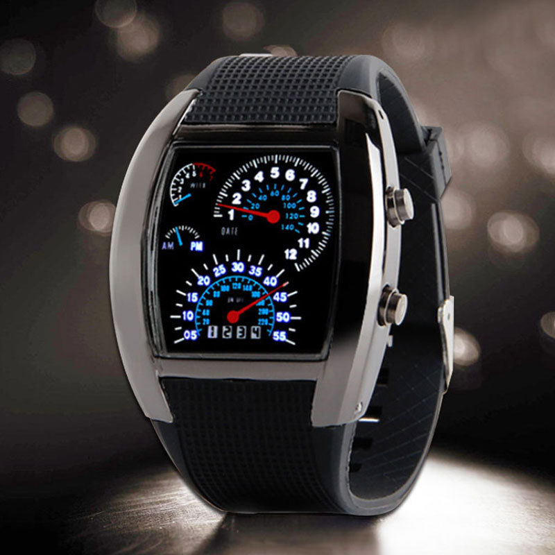 Men&apos;s Watches LED Sport Watches Rubber Band Digital Watches Week Date Dashboard Pattern Dial Watches