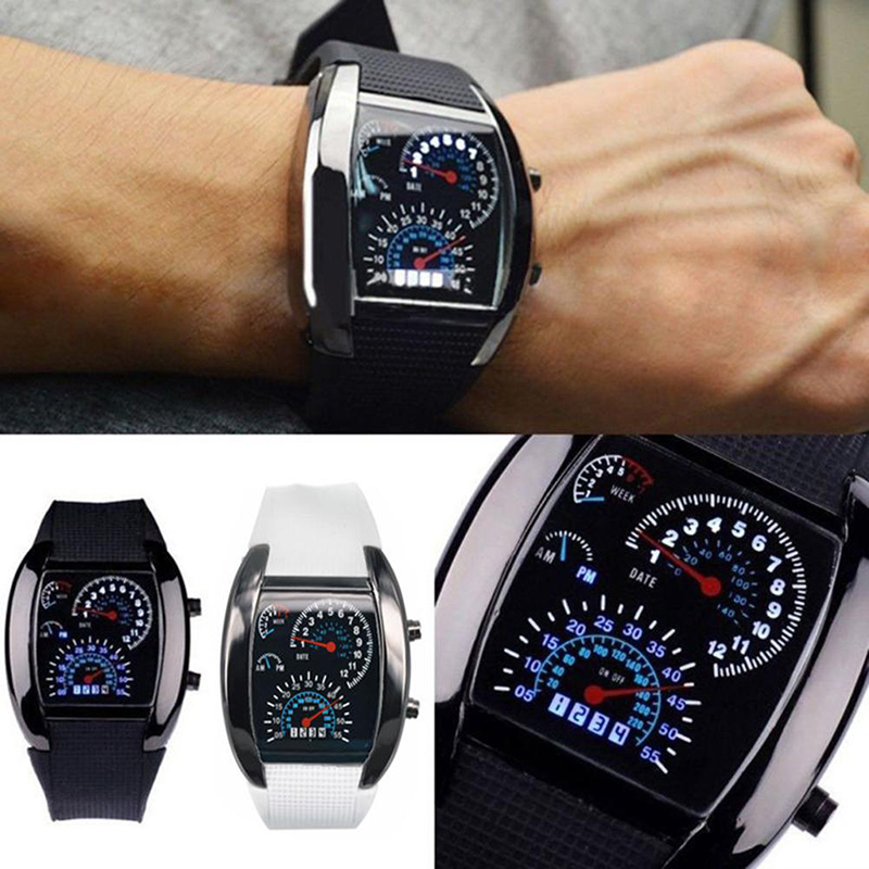 Men&apos;s Watches LED Sport Watches Rubber Band Digital Watches Week Date Dashboard Pattern Dial Watches