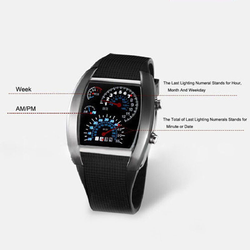 Men&apos;s Watches LED Sport Watches Rubber Band Digital Watches Week Date Dashboard Pattern Dial Watches
