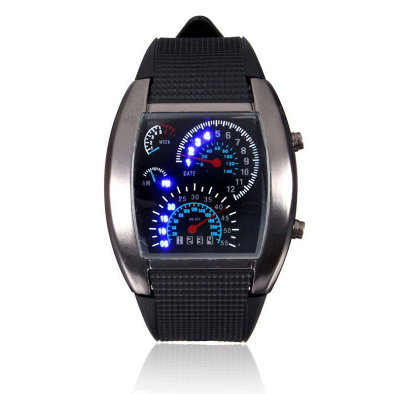 Men&apos;s Watches LED Sport Watches Rubber Band Digital Watches Week Date Dashboard Pattern Dial Watches