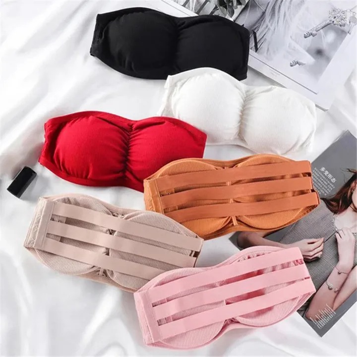 Women Strapless Ruched Push Up Bra Padded Hollow Out Backless Wireless Underwear Bandeau Thread Ribbed Adjustabable Bralette Lingerie