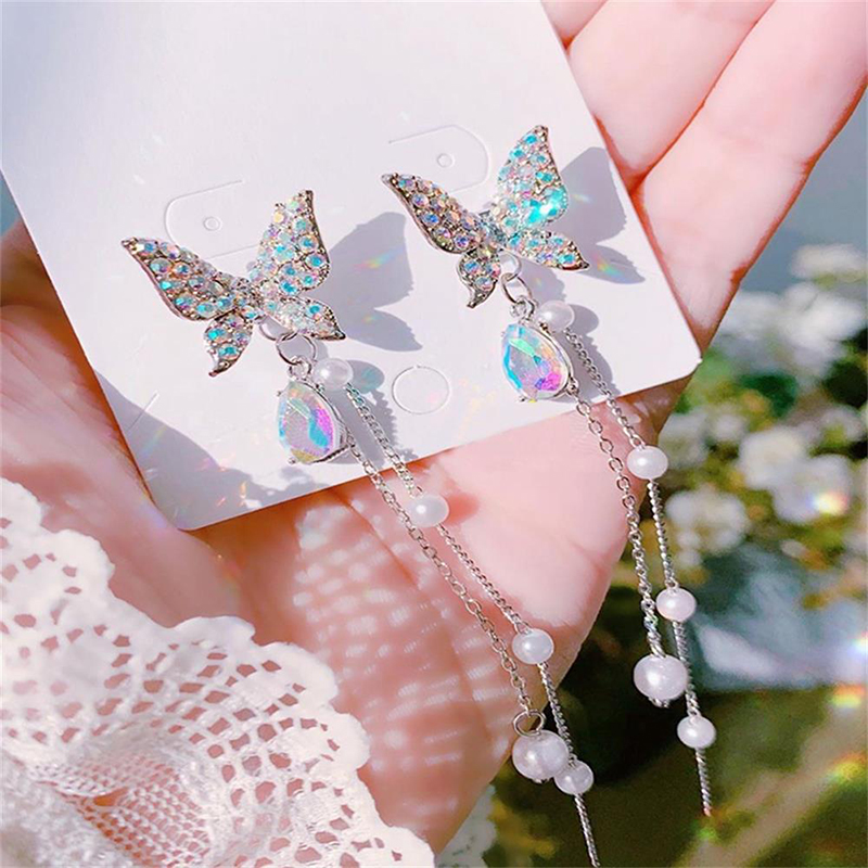 2024 Fashion Jewellerys 1 Pair Shiny Butterfly Rhinestone Drop Dangle Earrings Women Elegant Long Pearl Tassel Chain Pendant Party Jewelry Earrings Jewelry for Teen Girls Gift Spring Earrings Gifts Colorful Butterfly Earrings