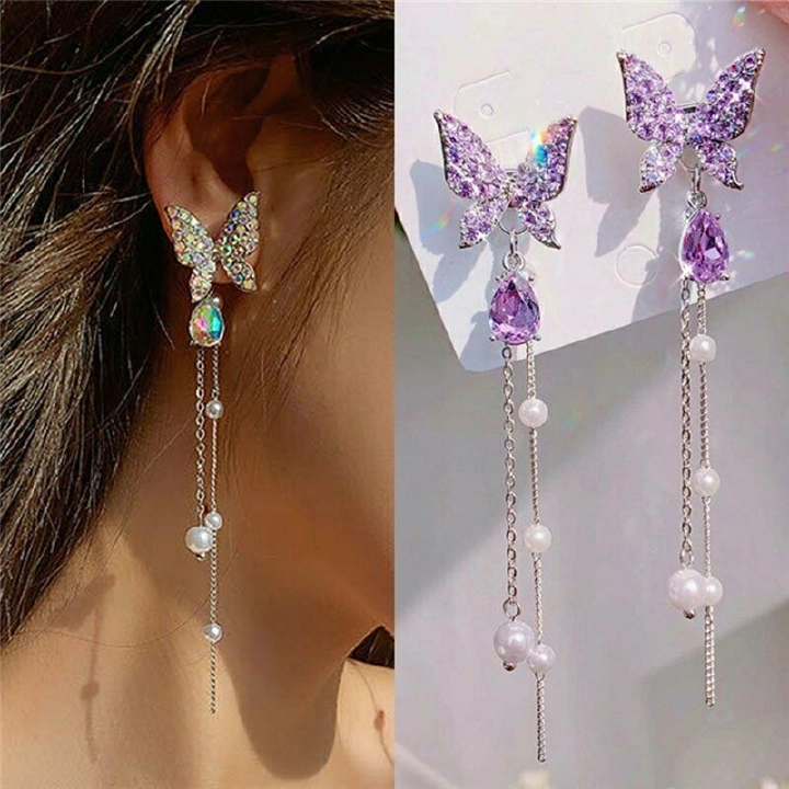 2024 Fashion Jewellerys 1 Pair Shiny Butterfly Rhinestone Drop Dangle Earrings Women Elegant Long Pearl Tassel Chain Pendant Party Jewelry Earrings Jewelry for Teen Girls Gift Spring Earrings Gifts