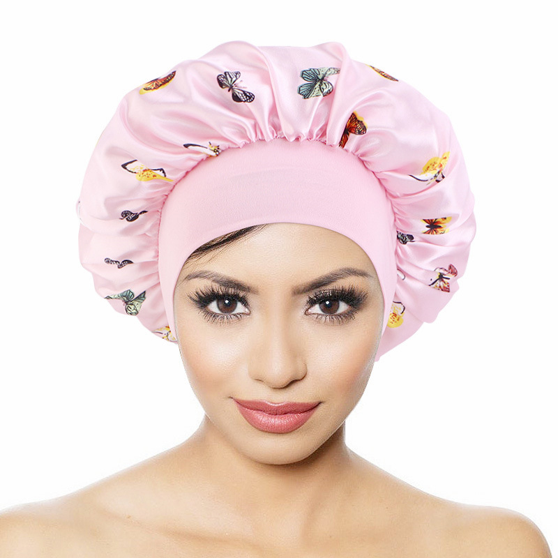 Pattern Satin Headscarf Hat Sleeping Bonnet Women Hair Wrap Elastic Band Cap For Brimmed Night Hat Bath Cap Extra Large Satin Silky Bonnet Sleep with Premium Elastic Band Headwear