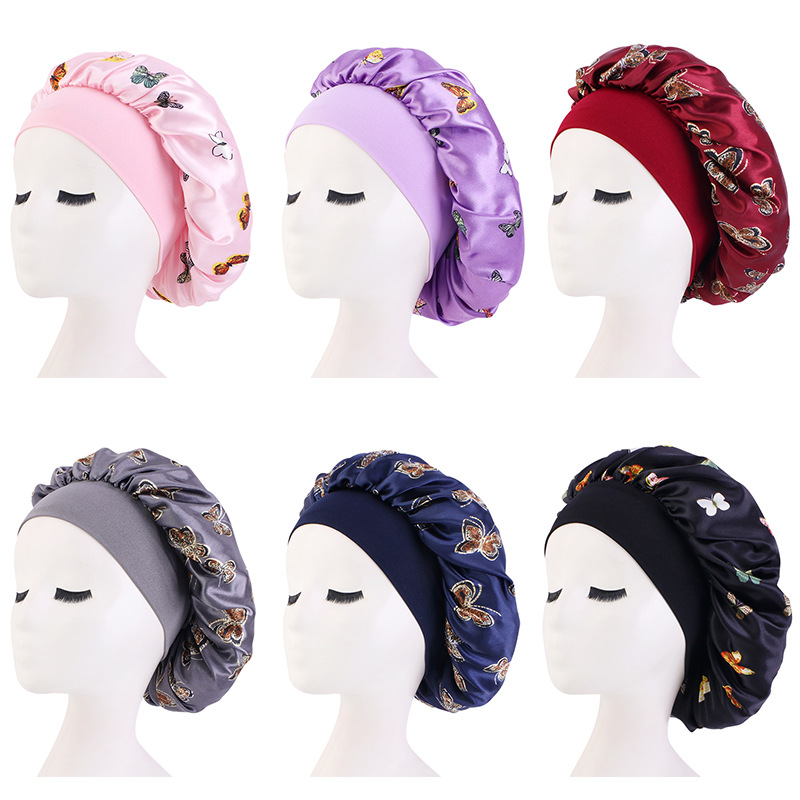 Pattern Satin Headscarf Hat Sleeping Bonnet Women Hair Wrap Elastic Band Cap For Brimmed Night Hat Bath Cap Extra Large Satin Silky Bonnet Sleep with Premium Elastic Band Headwear