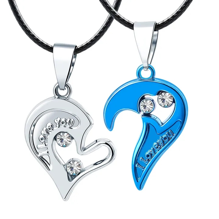 2Pcs/Set Couple Heart Shape I Love You Pendant Necklace Lovers Couples Jewelry Valentine's Gift，Fashion Couple Necklace Jewelry Unisex Lovers Couples Necklaces & Pendants Blue+silver,As picture