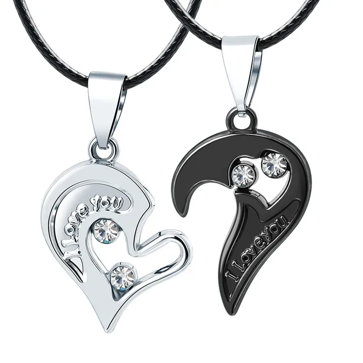 2Pcs/Set Couple Heart Shape I Love You Pendant Necklace Lovers Couples Jewelry Valentine's Gift，Fashion Couple Necklace Jewelry Unisex Lovers Couples Necklaces & Pendants Black+silver,As picture